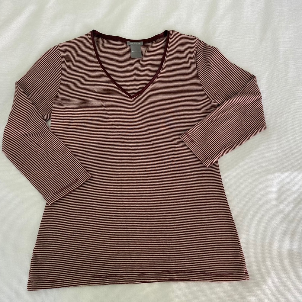 Ann Taylor Knit Top XS 100% Cotton Burgundy Stripes Y2K Office Classic Timeless